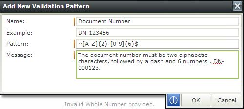 K2 SmartForm Client Validation - Image 11 Adding a pattern to match a document number