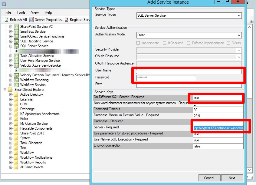 10 - Register Azure SQL Database K2 SQL Server Service Instance