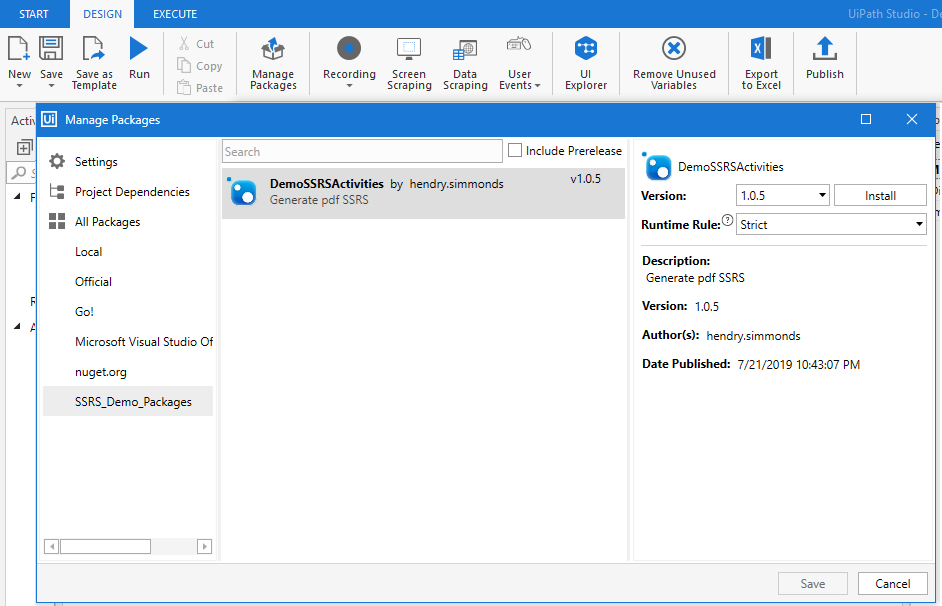 16 - Manage Packages - UIPath Custom Activity – Generate SSRS Report